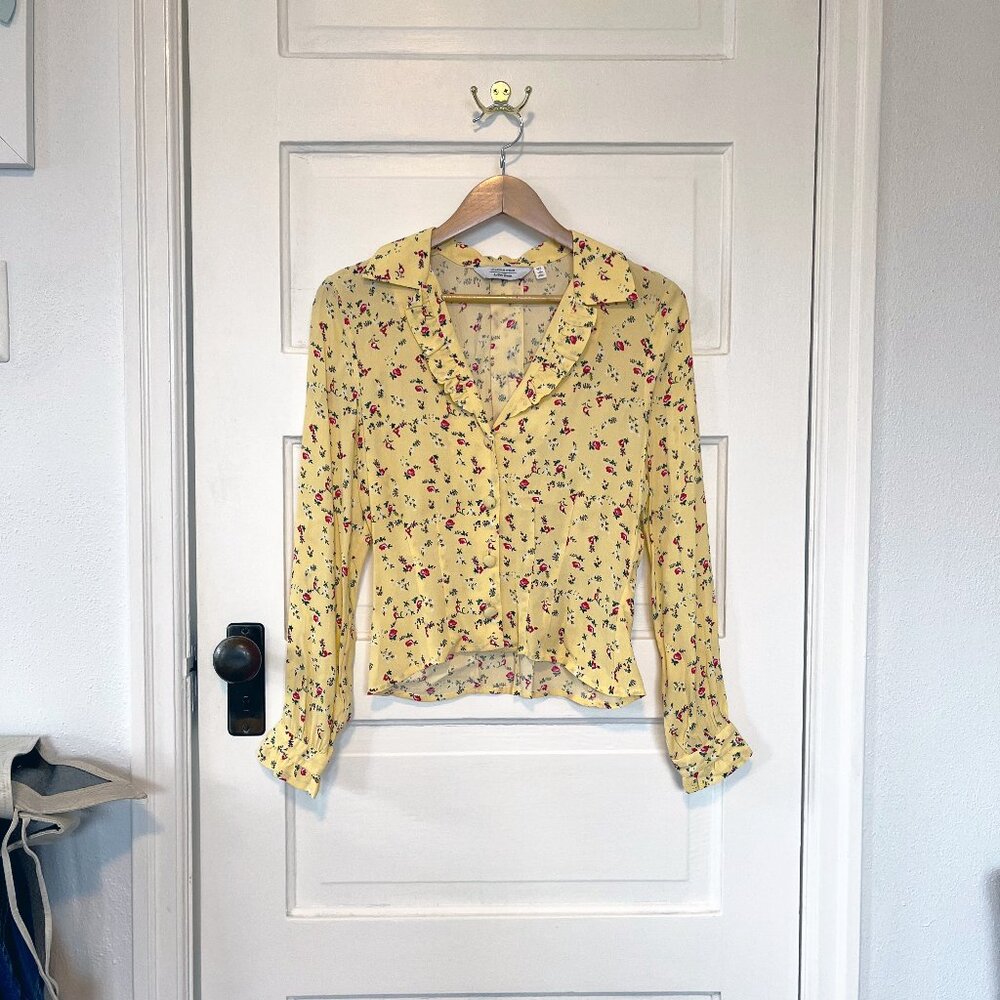 & Other Stories Cropped Yellow Floral Ditsy Print Button Up Shirt, US 4